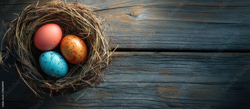 Aufkleber Easter eggs nestled in a nest on weathered wooden planks. with copy space image. Place for adding text or design