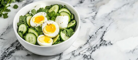 Healthy bowl featuring cucumber salad with eggs and coriander on a marble background. with copy space image. Place for adding text or design