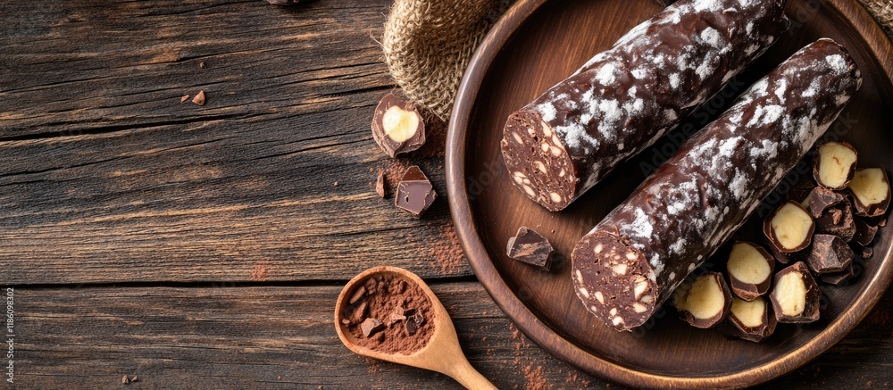 Leinwandbilder Top view of chocolate salami on a plate and a wooden scoop filled with cocoa on a wooden table. with copy space image. Place for adding text or design