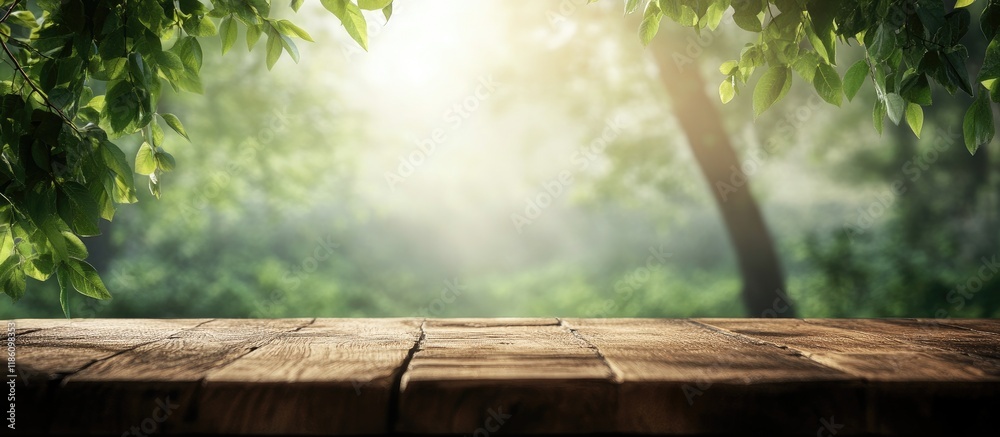Poster Tabletop with a Blurred Natural Background. with copy space image. Place for adding text or design
