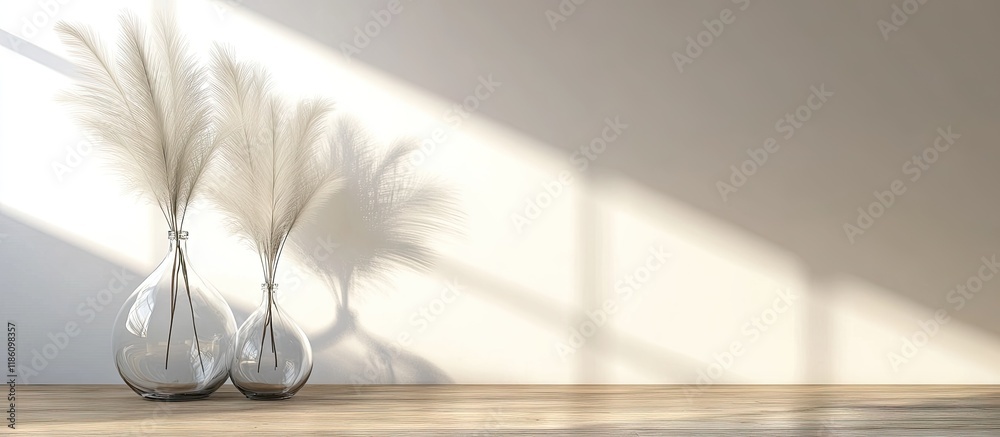 Fototapete two glass vases with ornamental feathers on a wooden floor and a white wall in the background close 