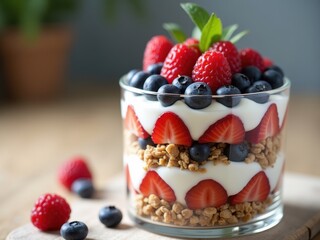 Fresh berry parfait with layers of yogurt, granola, and fruits in a glass dish