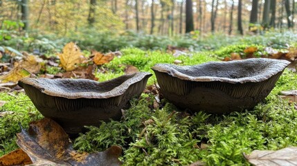 Unique Natural Bowls Formed by Fungi on Forest Floor in Autumn