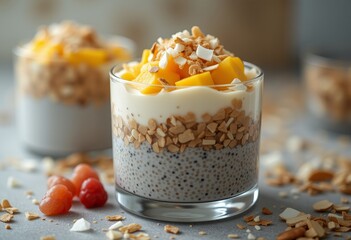 Mango chia pudding with coconut flakes in a glass.