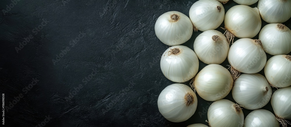 Poster raw white onions on a black surface viewed from above flat lay overhead perspective space for text. 