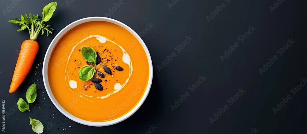 Fototapete Pumpkin and carrot soup garnished with seeds top view. with copy space image. Place for adding text or design