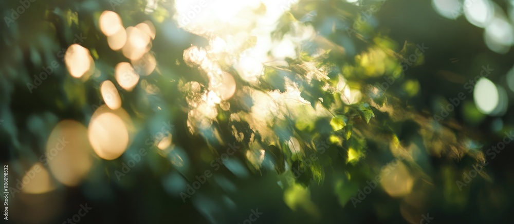 Poster blurred image of sunlight filtering through the leaves of trees in the yard. with copy space image. 