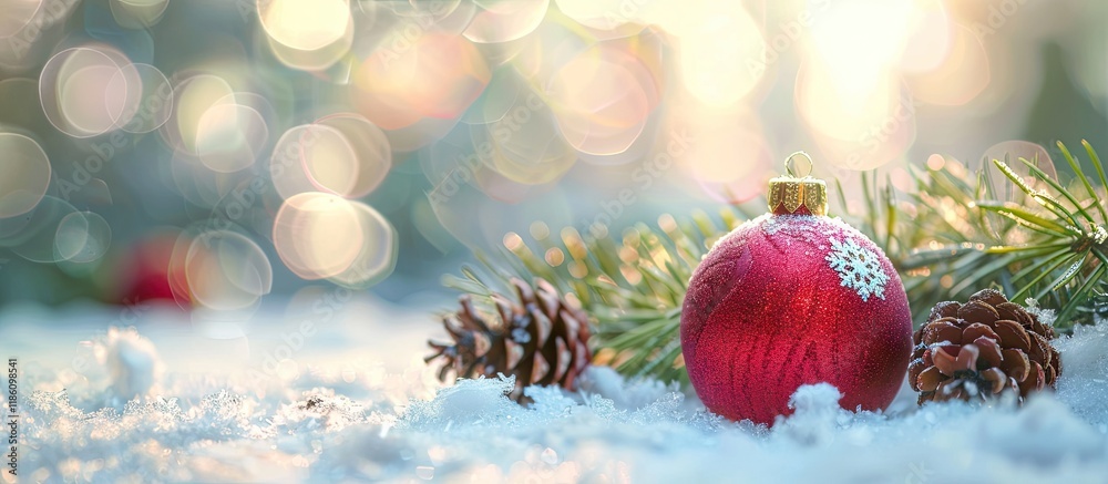 Fototapete christmas toy red ball featuring a snowflake and a pine branch with cones on the snow. with copy spa