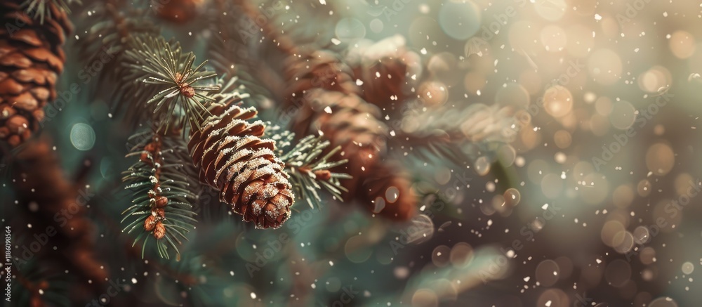 Aufkleber larch branch with cones and falling snow on an antique brown and green backdrop selective focus copy
