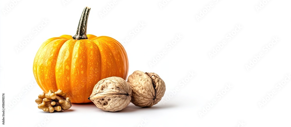 Leinwandbilder Decorative small pumpkin and walnut shell set against a white background. with copy space image. Place for adding text or design