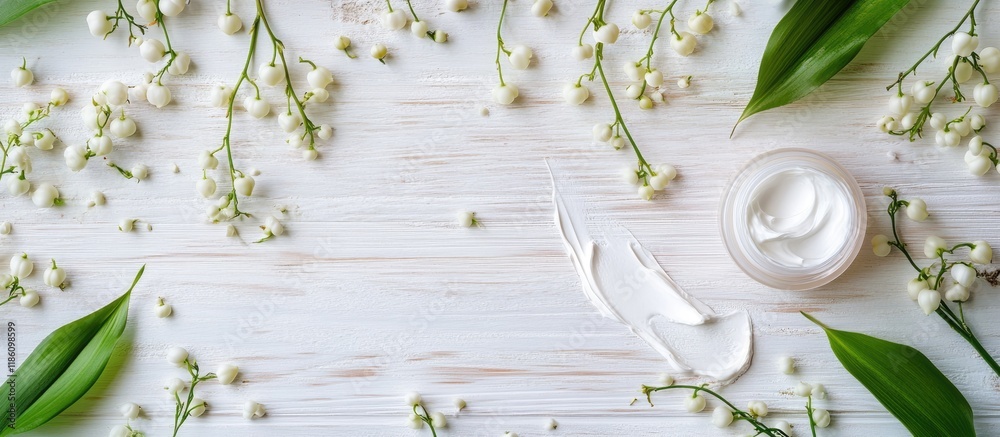 Poster cosmetic cream and lily of the valley blossoms on a white wooden table. with copy space image. place