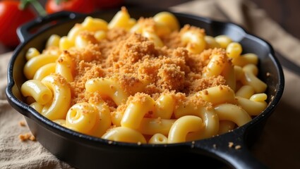 Creamy macaroni with a crunchy topping served in a black skillet
