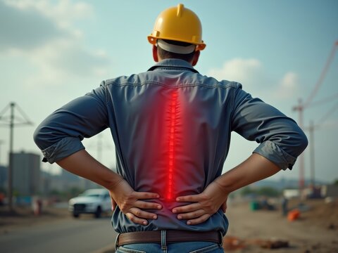 Construction worker experiencing back pain at a job site during the day