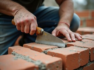 Skilled mason laying bricks with precision at a construction site