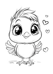 Fototapeta premium Valentine's Day coloring page with a cute bird smiling and surrounded by hearts