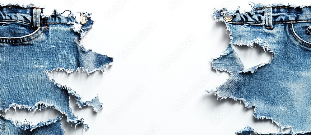 Poster Denim jeans with rips tears and a blue edge frame isolated on a white background providing space for text. with copy space image. Place for adding text or design