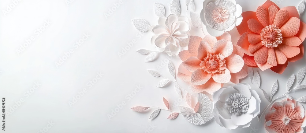 Poster white card with paper flowers for text placement. with copy space image. Place for adding text or design