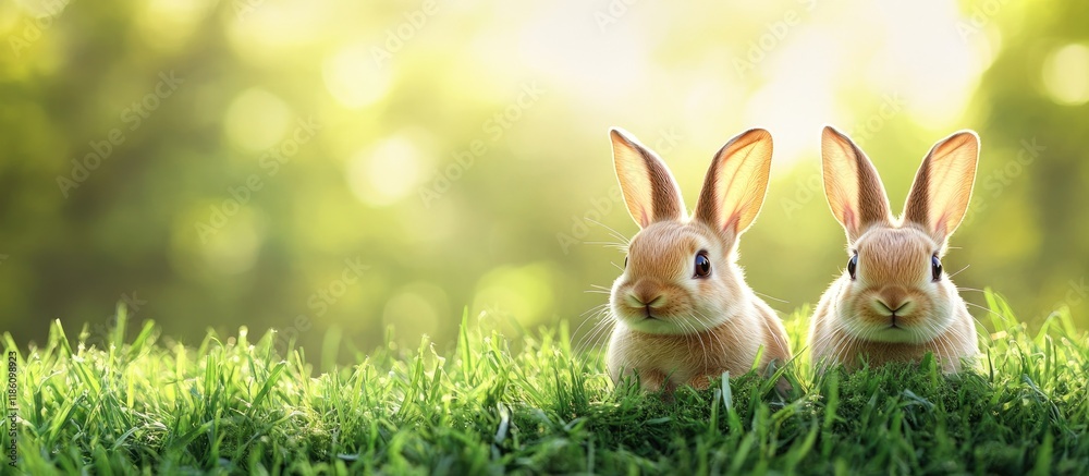 Leinwandbilder easter eggs designed as adorable bunnies on lush green grass with space for text. with copy space im