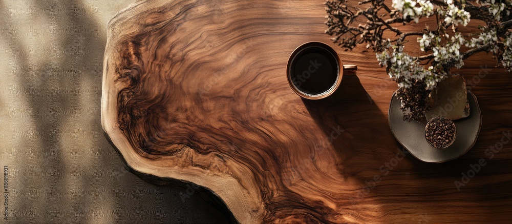 Aufkleber an engaging top view photograph showcases the intricate wood grain details of a coffee table highlig