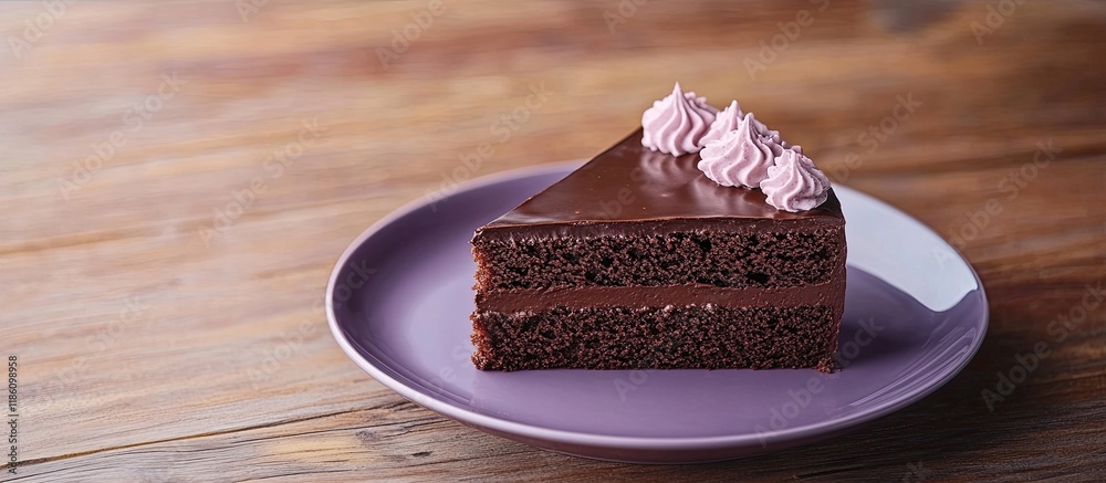 Poster Delicious chocolate cake on a purple plate Wooden table The idea of food and love. with copy space image. Place for adding text or design