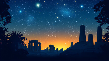 A serene night sky filled with stars over ancient ruins and silhouettes of trees.