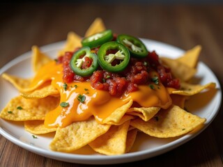 Loaded nachos topped with salsa and jalapenos served on a white plate