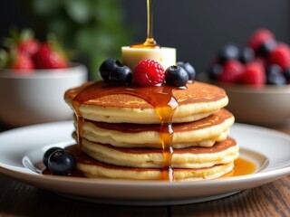Stack of golden pancakes topped with fresh berries and syrup served on a wooden table