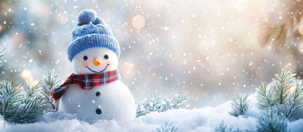 Poster snowman on snow christmas ornament winter season. with copy space image. place for adding text or de