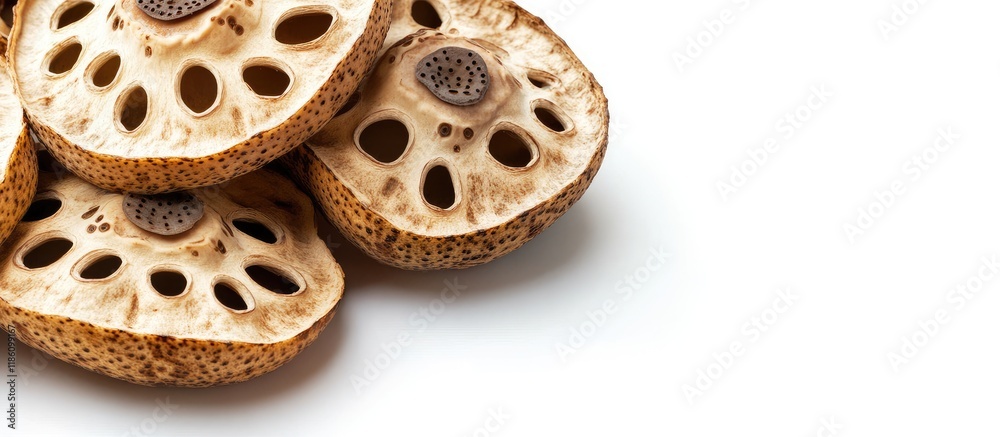 Poster Lotus root against a white background. with copy space image. Place for adding text or design