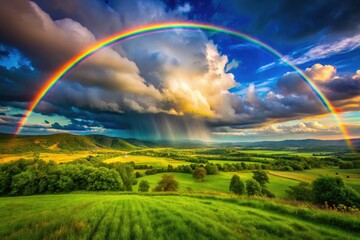 Fototapeta premium Stunning nature photograph: a vibrant rainbow triumphantly emerges after a powerful storm.