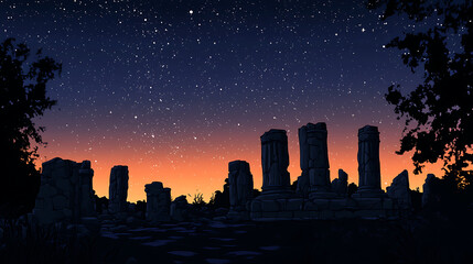 A serene twilight scene with ancient ruins under a starry sky.