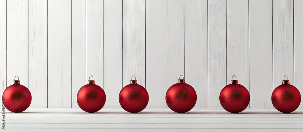 Poster arrangement of red christmas baubles on white wooden boards. with copy space image. place for adding