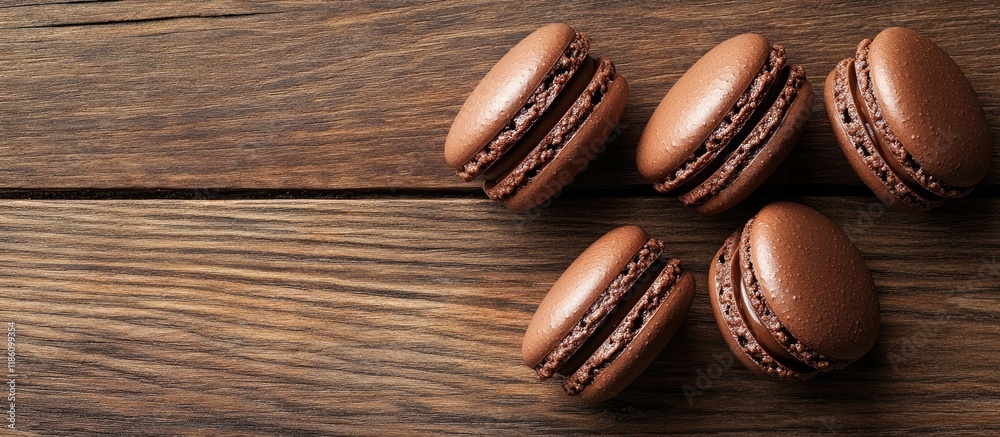 Poster chocolate macaroons viewed from above set on a wooden surface copy space