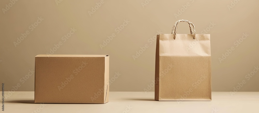 Aufkleber brown clear empty blank craft paper bag and kraft corrugated cardboard box with handle for takeaway 