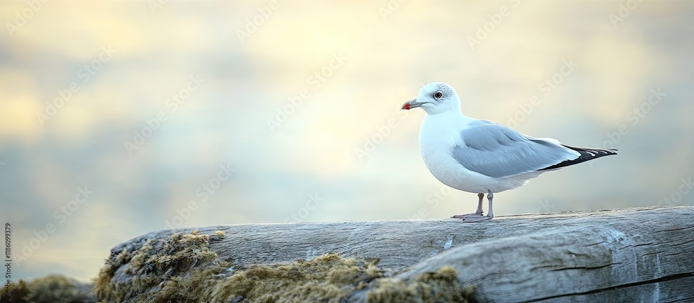 Poster adult larus michaellis gull resting on the wood. with copy space image. place for adding text or des