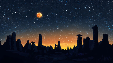A serene night landscape featuring a starry sky and a glowing moon above rocky formations.