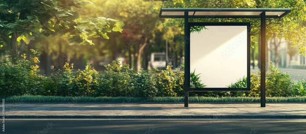 Poster blank billboard poster advertisement mockups at an empty bus stop shelter along the main road with g