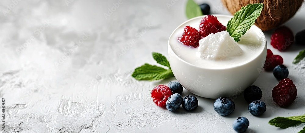 Fototapete tasty vegan coconut milk with chunks of ripe fruit on a white table closeup. with copy space image. 
