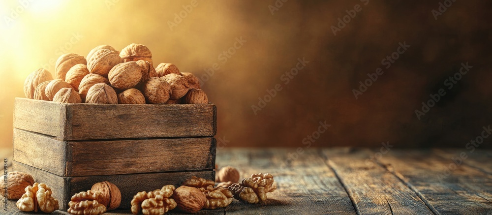 Fototapete food background fresh walnuts in a wooden container. with copy space image. place for adding text or