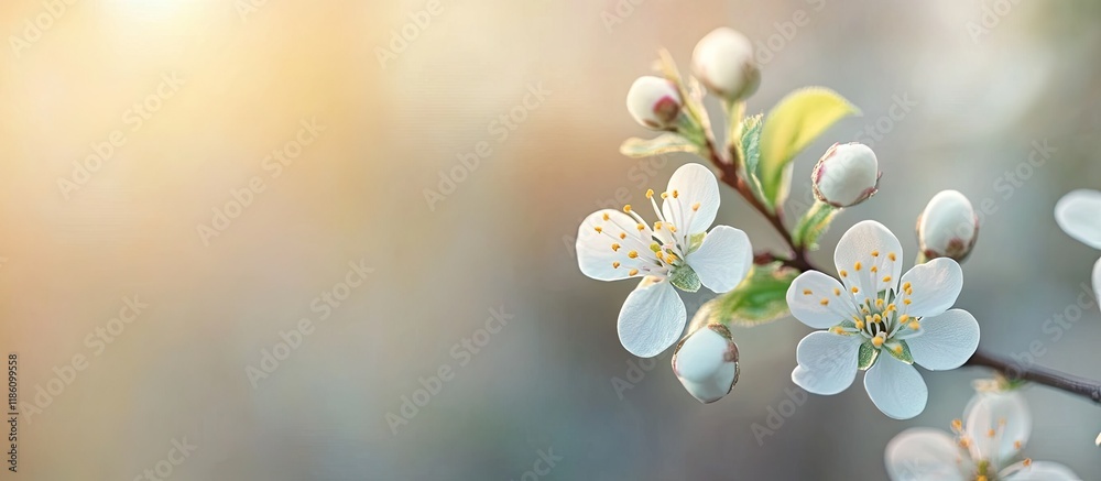 Aufkleber close up of white blossoming blackthorn flowers and unopened buds on a sloe tree twig prunus spinosa