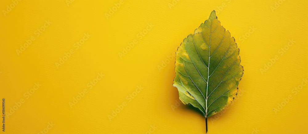 Aufkleber Leaf against a yellow background Summer theme. with copy space image. Place for adding text or design