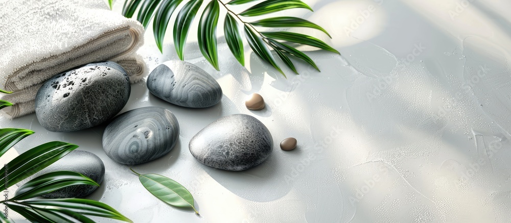 Poster Spa set featuring stones a towel and leaves on a white background. with copy space image. Place for adding text or design