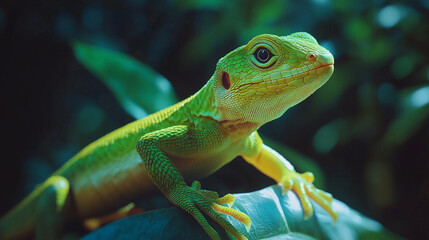 Close-up portrait of beautiful ocellated lizard with yellow scales. Wild reptile basking on rocky surface, macro photography
