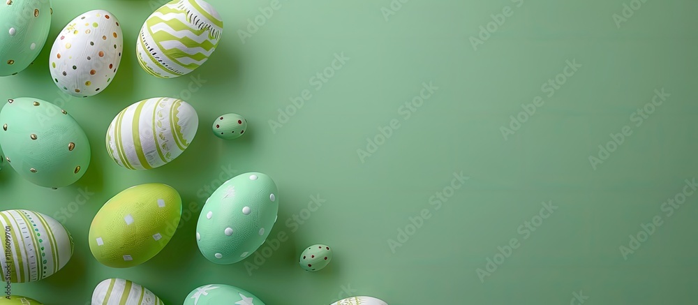 Fototapete Easter idea on a green background with a top view mockup. with copy space image. Place for adding text or design