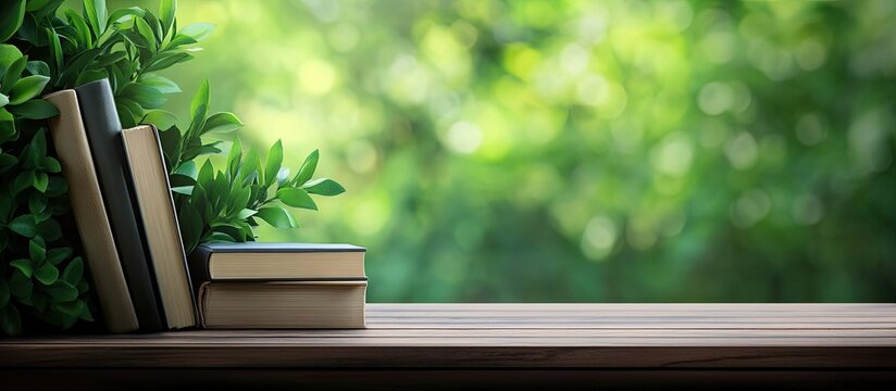 A variety of books arranged on a wooden table with a blurred green background leaving room for text. with copy space image. Place for adding text or design