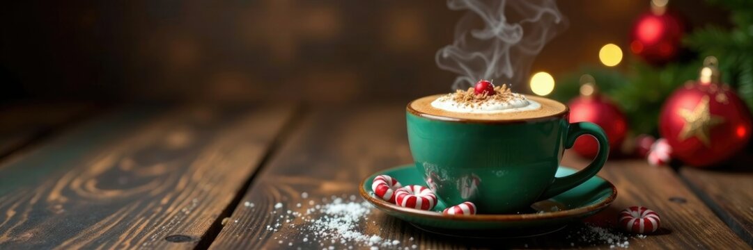 Warm and cozy scene on a rustic wooden table featuring a steaming cup of peppermint mocha coffee with festive holiday decorations, scene, steaming, mocha