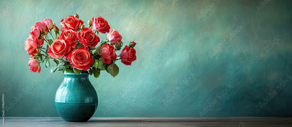 Aufkleber vase containing lovely rose flowers on a colored wooden table. with copy space image. place for addi