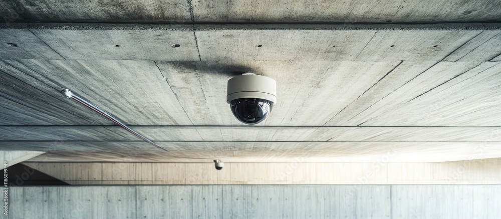 Poster cctv camera mounted on the concrete ceiling of the parking area in the condominium with copy space