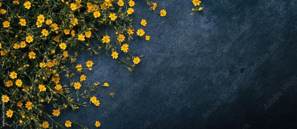 Fototapete Background of small yellow wildflowers. with copy space image. Place for adding text or design