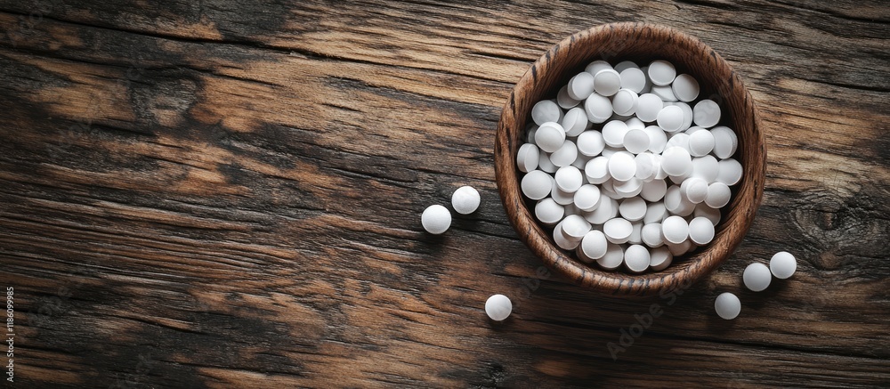 Aufkleber pills on a wooden surface top view. with copy space image. place for adding text or design